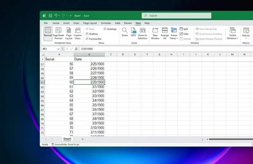 Excel showing date for February 29th 1900