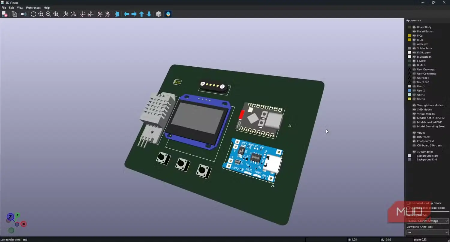 نمای سهبعدی مدار چاپی در KiCAD