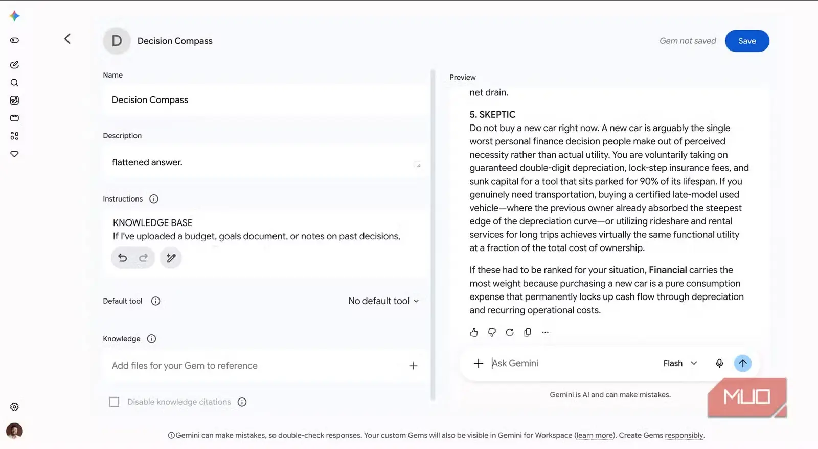Google Gemini صفحه ساخت Gem قطب‌نمای تصمیم‌گیری را نمایش می‌دهد