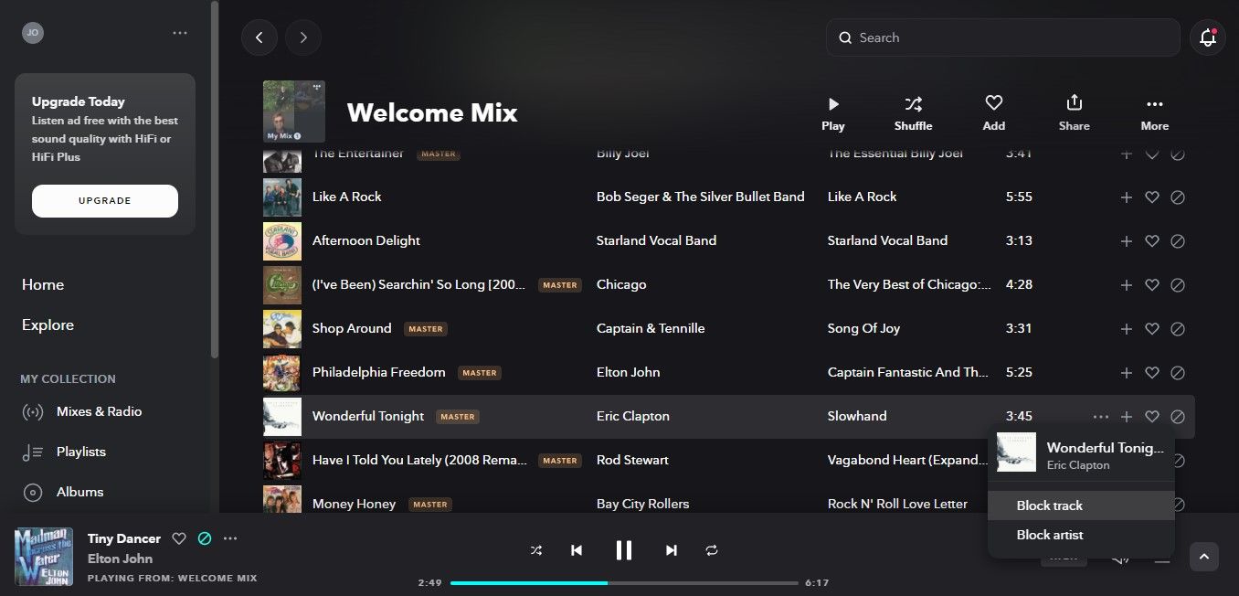 منوهایی برای مسدود کردن یک هنرمند یا آهنگ در TIDAL.