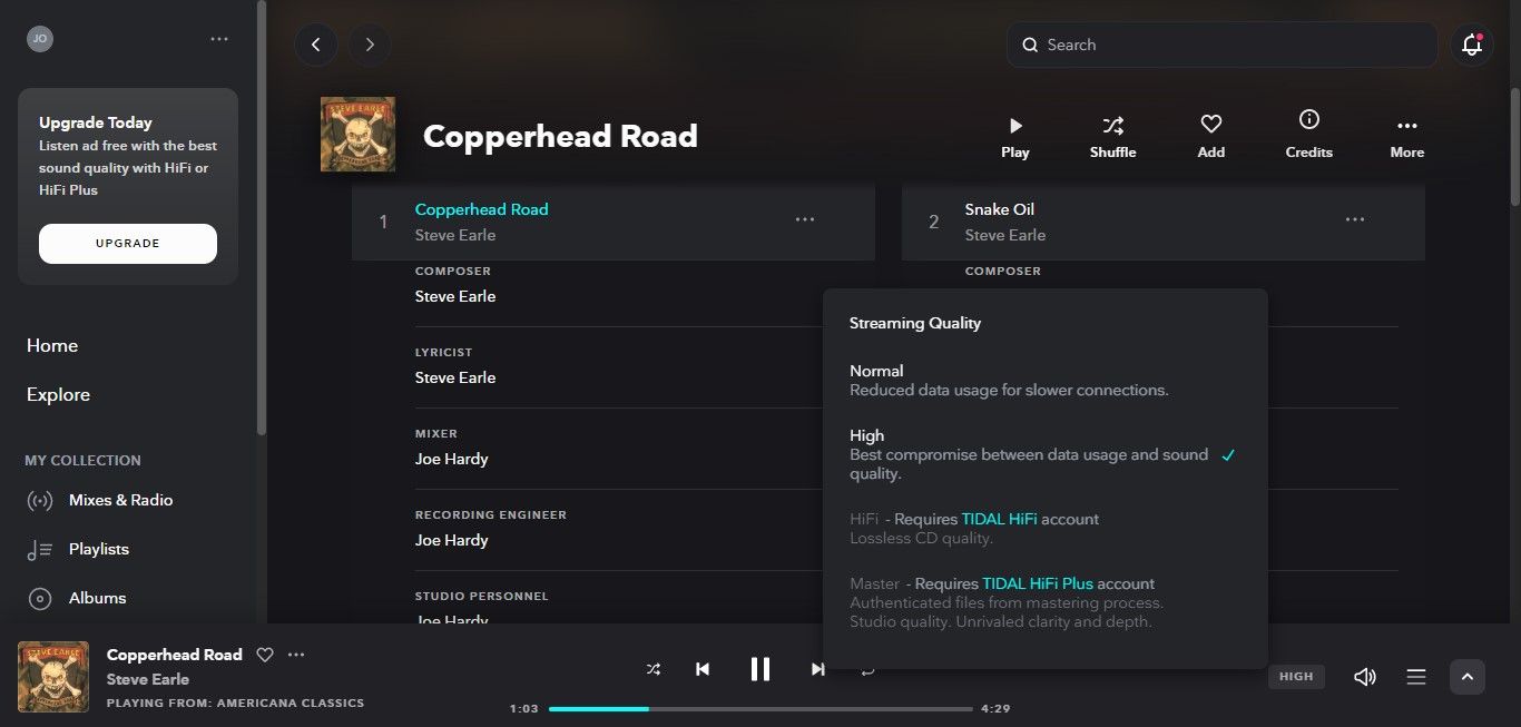منوهای تنظیم کیفیت صدا در TIDAL.