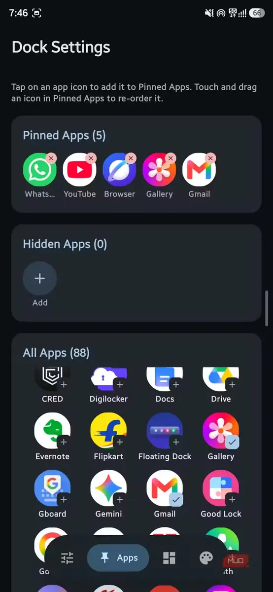 صفحه تنظیمات داک نمایشدهنده شبکه برنامههای پینشده و همه برنامهها