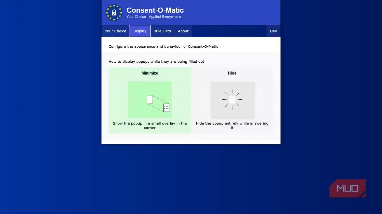 تنظیمات نمایش افزونه Consent-O-Matic