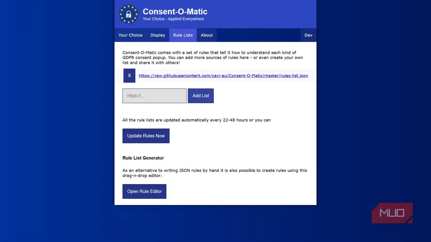 زبانه فهرست قوانین Consent-O-Matic با منبع URL برای قوانین GDPR و دکمه‌های به‌روزرسانی و باز کردن ویرایشگر قوانین