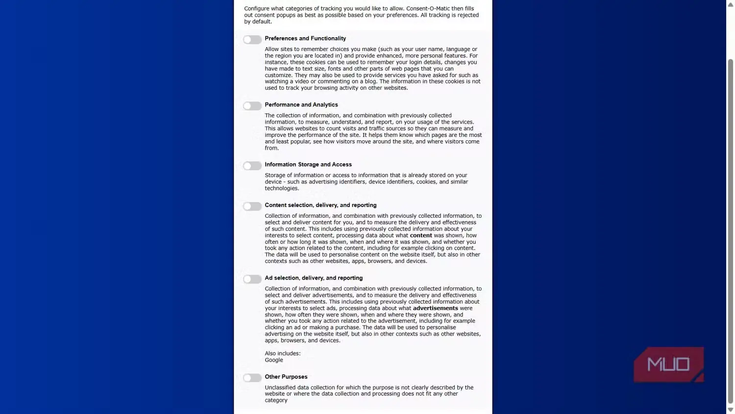 صفحه پیکربندی Consent-O-Matic با نمایش دسته‌های گوناگون ردیابی