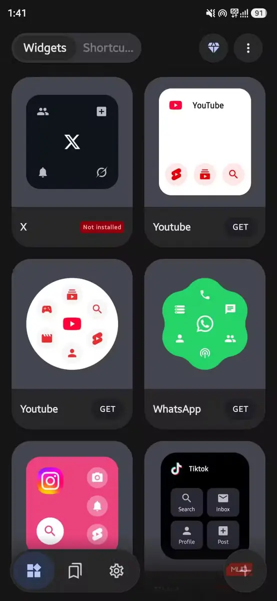 برنامه گالری ویجت که ویجتهای صفحه اصلی برای یوتیوب، واتساپ و تیکتاک در AsWidget را نمایش میدهد