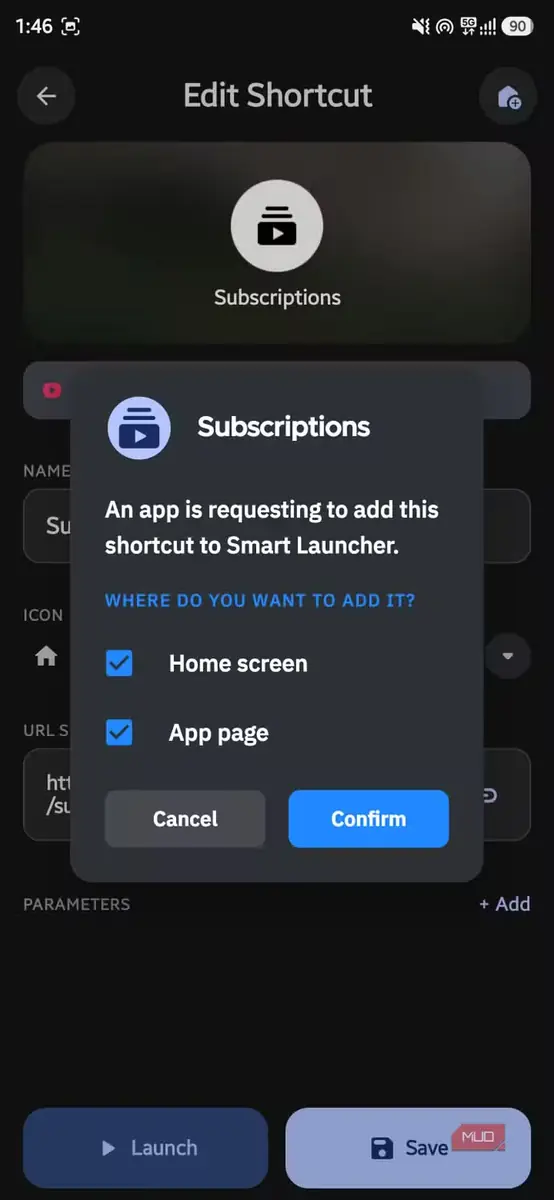 پنجره تأیید افزودن میانبر اشتراکها به Smart Launcher در برنامه AsWidget