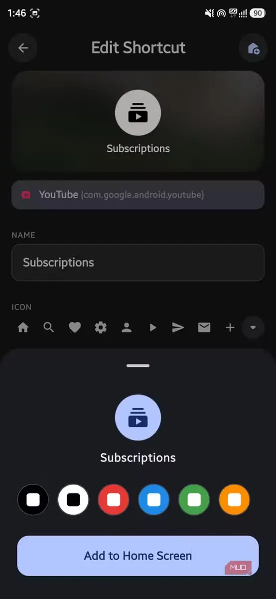 صفحه ویرایش میانبر با پالت سفارشیسازی رنگ آیکون در پایین برنامه AsWidget