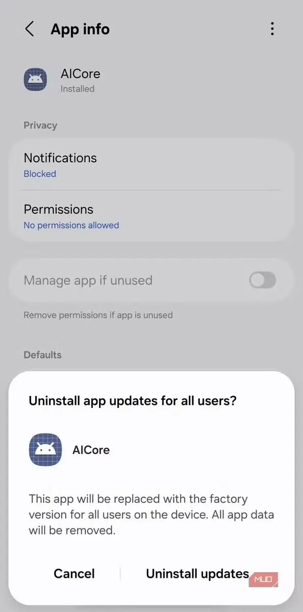 لغو نصب برنامه AICore از گوشی اندروید