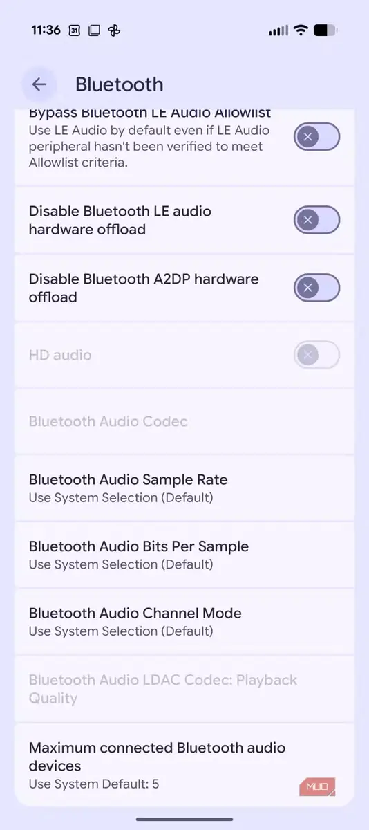 کدک صوتی Bluetooth با LDAC غیرفعال و خاکستری شده
