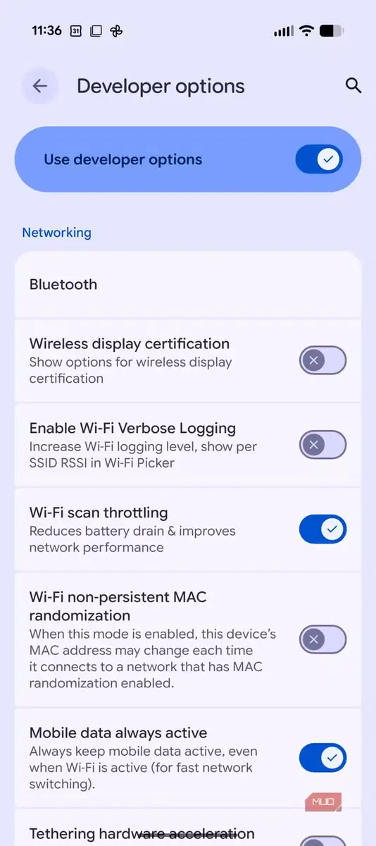 toggle فعالسازی Developer options در تنظیمات