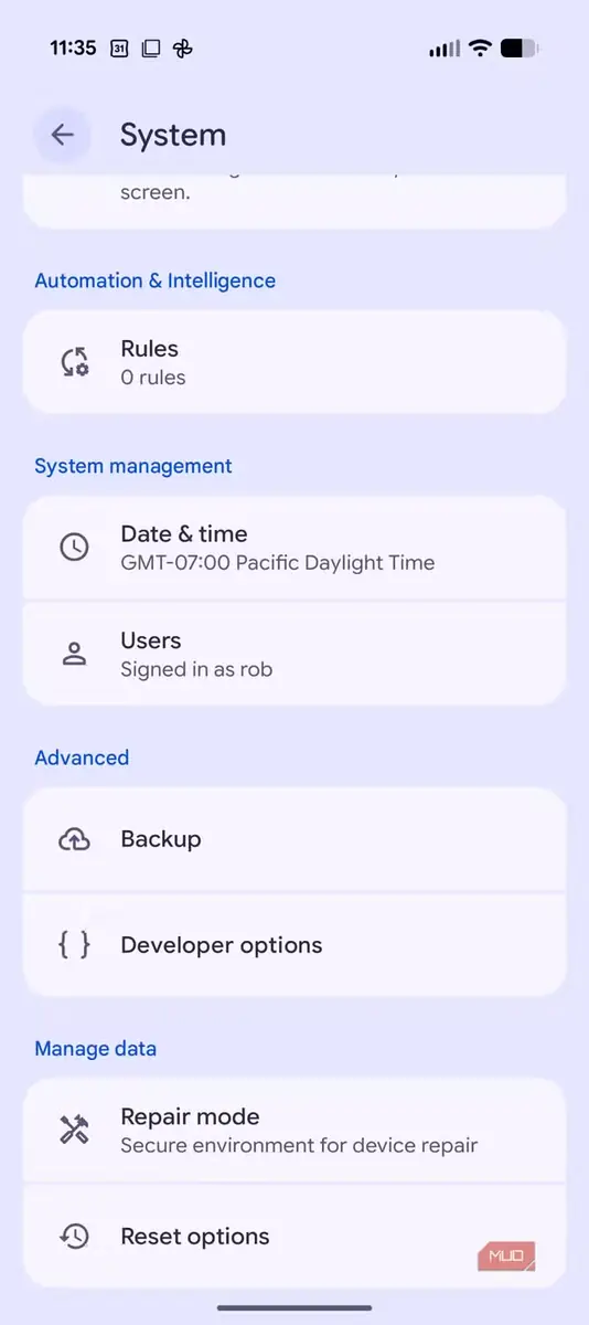 دکمه Developer options در تنظیمات اپلیکیشن Settings