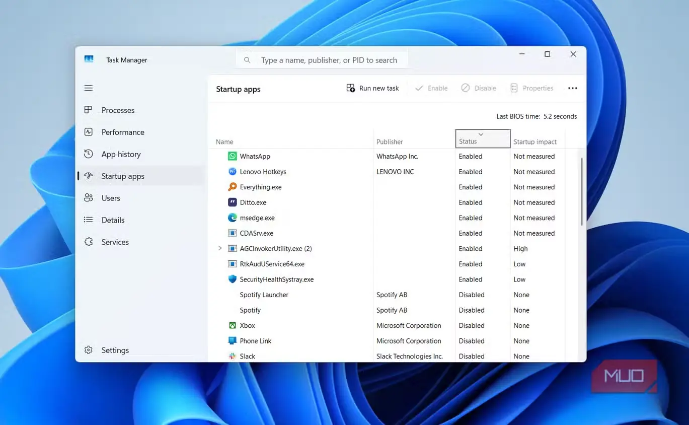 زبانهٔ برنامههای راهانداز در Task Manager با نمایش زمان BIOS