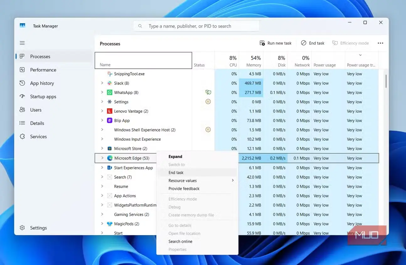 گزینهٔ پایان دادن به کار در Task Manager