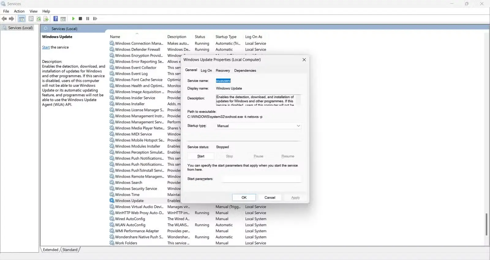 خدمت Windows Update متوقفشده در Services