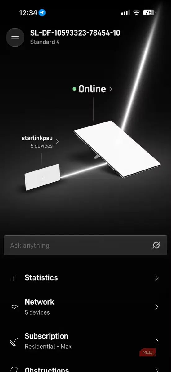 تنظیمات اپلیکیشن Starlink.