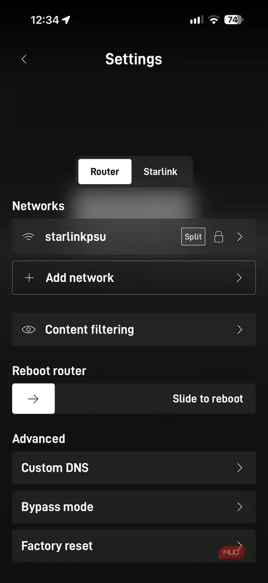 تنظیمات اپلیکیشن Starlink.