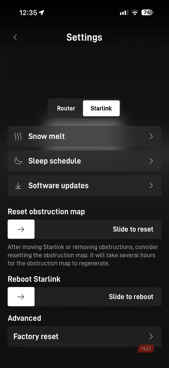 تنظیمات اپلیکیشن Starlink.