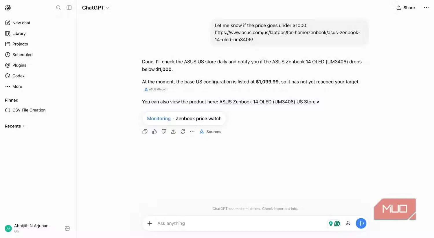 پاسخ ChatGPT به درخواست مانیتور ردیاب قیمت با یک وظیفه پایش