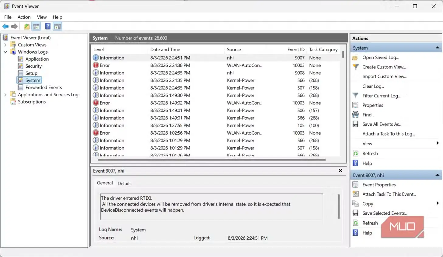 گزارشهای سیستم در نمایشگر رویداد Event Viewer