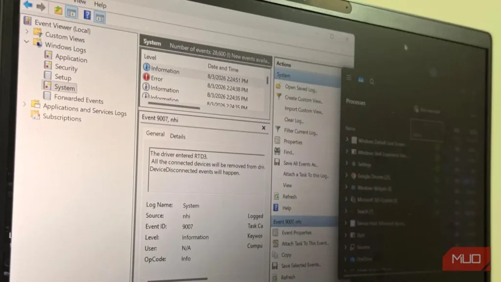 نمایشگر رویدادها را به جای مدیریت وظایف بررسی کردم و بالاخره چیزی که CPU را بالا می‌برد دیدم