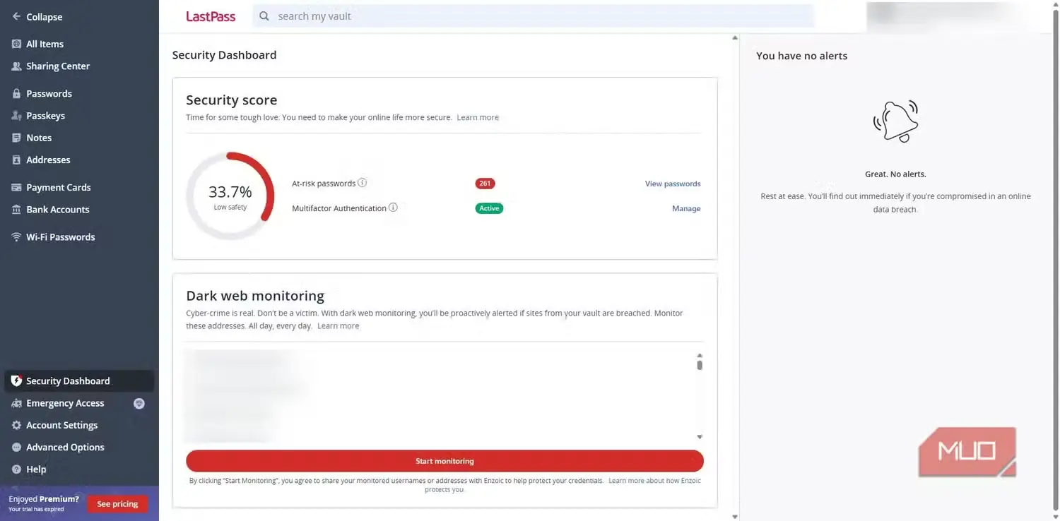 داشبورد امنیت مدیریت رمز عبور LastPass