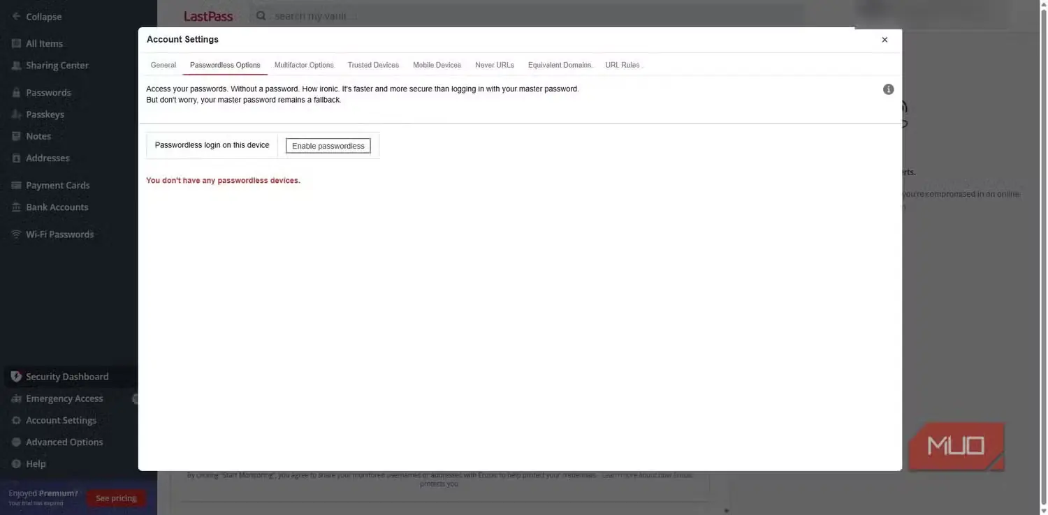گزینه بدون رمز عبور مدیریت رمز عبور LastPass
