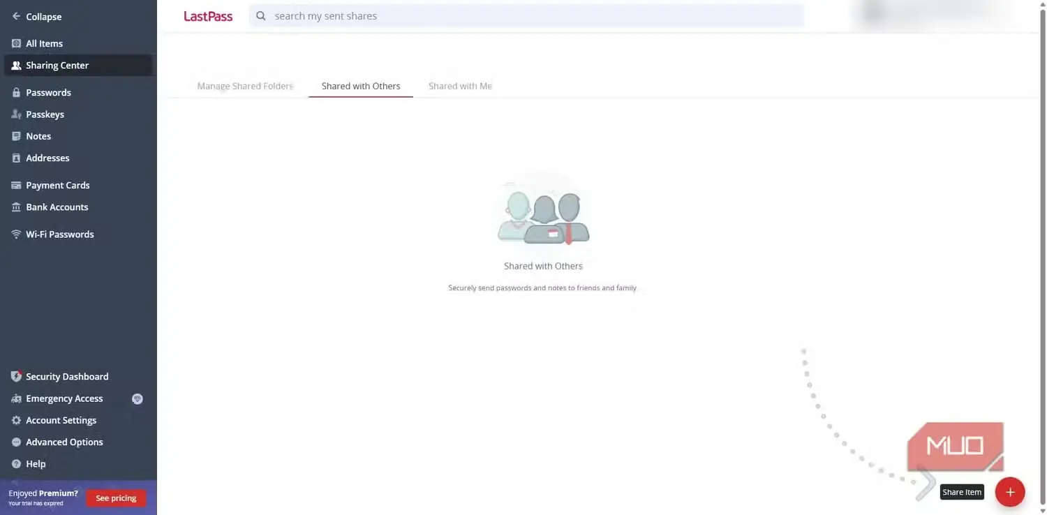 مرکز اشتراکگذاری مدیریت رمز عبور LastPass