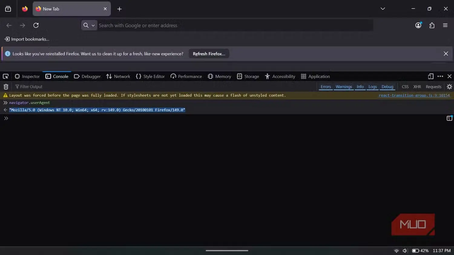 کنسول ابزارهای توسعه‌دهنده Firefox که عامل کاربر را نشان می‌دهد