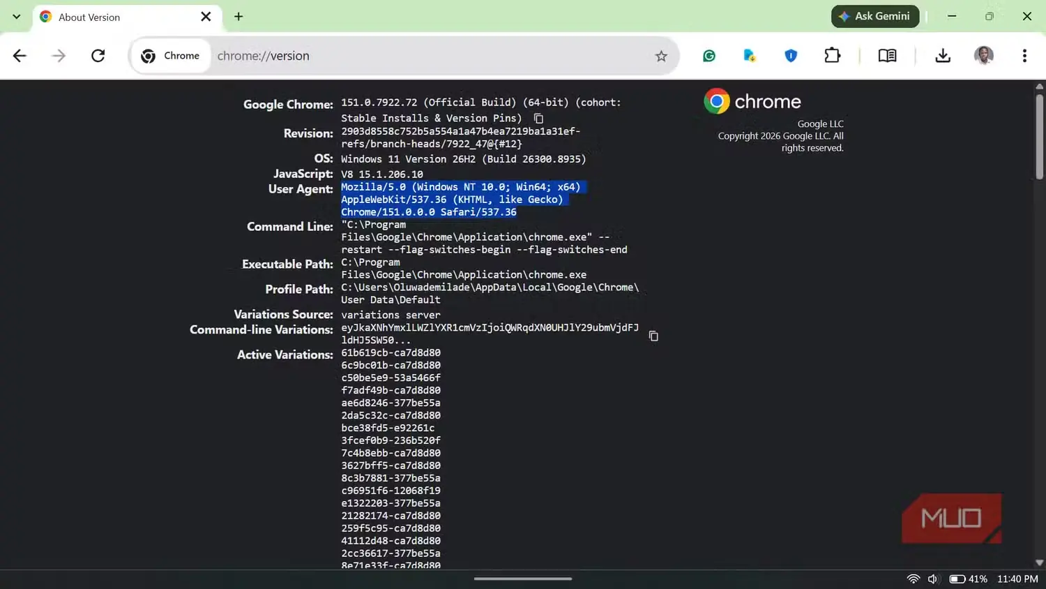 صفحه اطلاعات نسخه Google Chrome که نمایش داده شده است