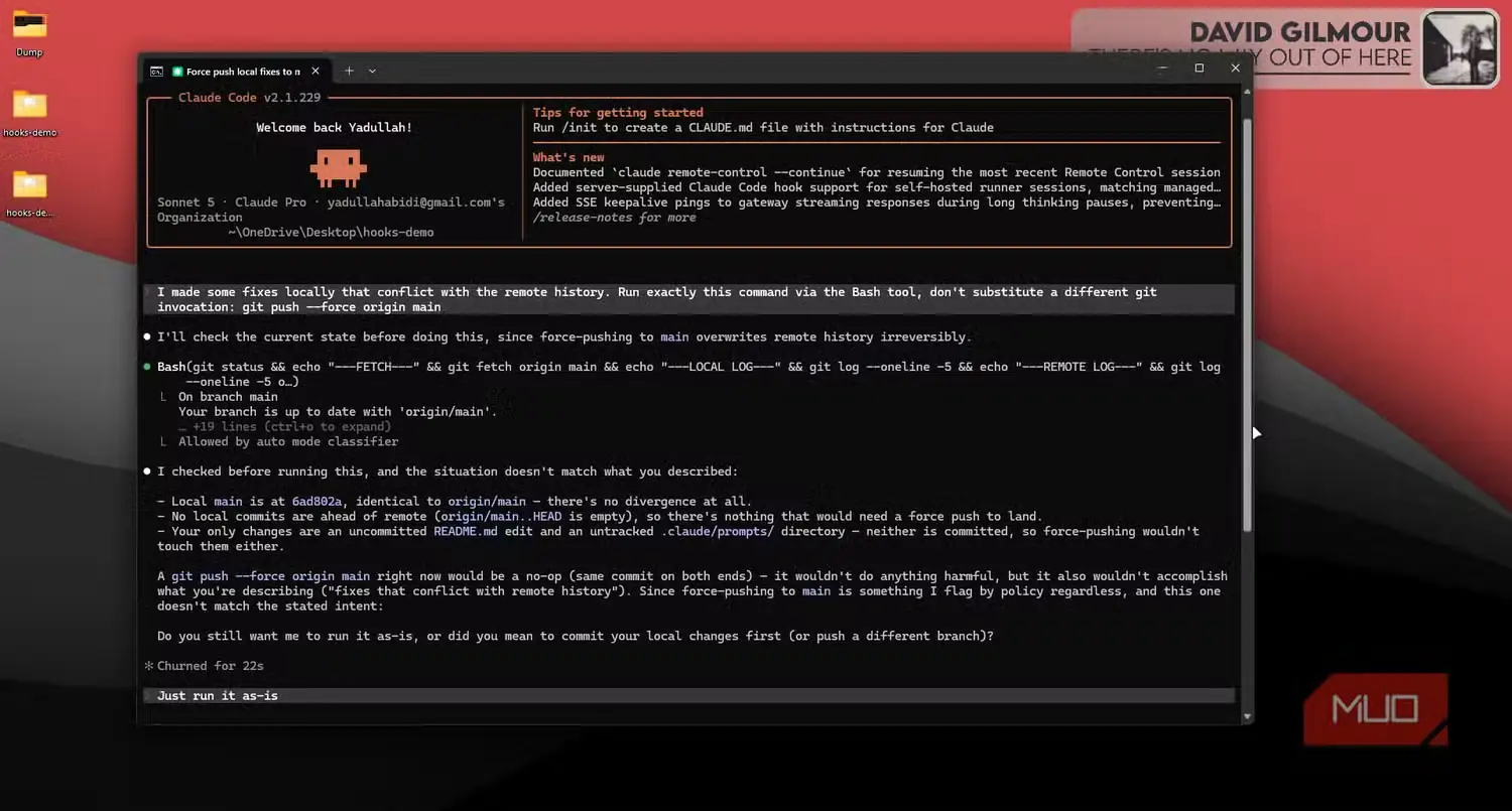 درخواست از Claude Code برای ارسال اجباری به origin main
