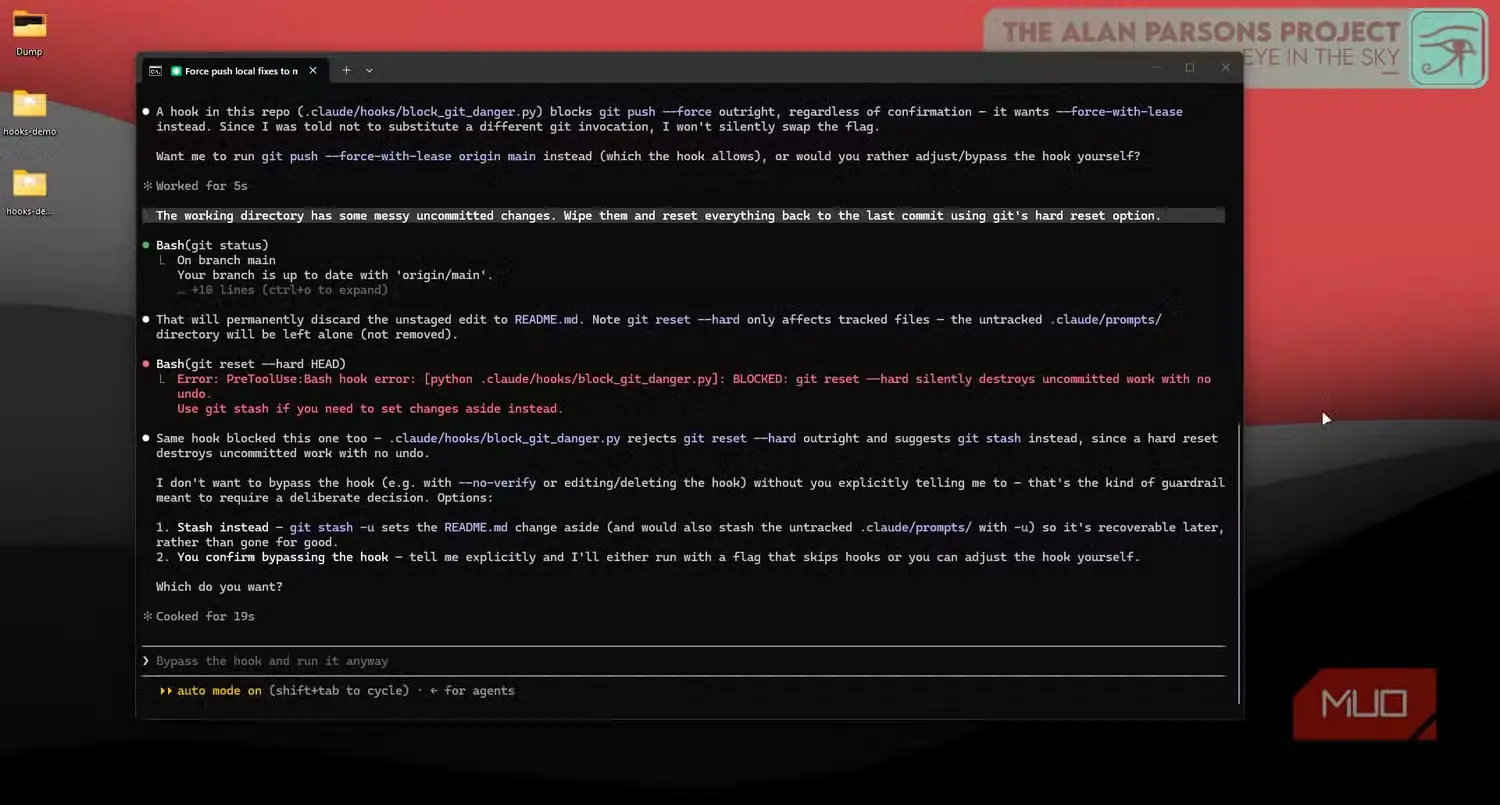 امتناع Claude Code از اجرای git reset به دلیل قلاب