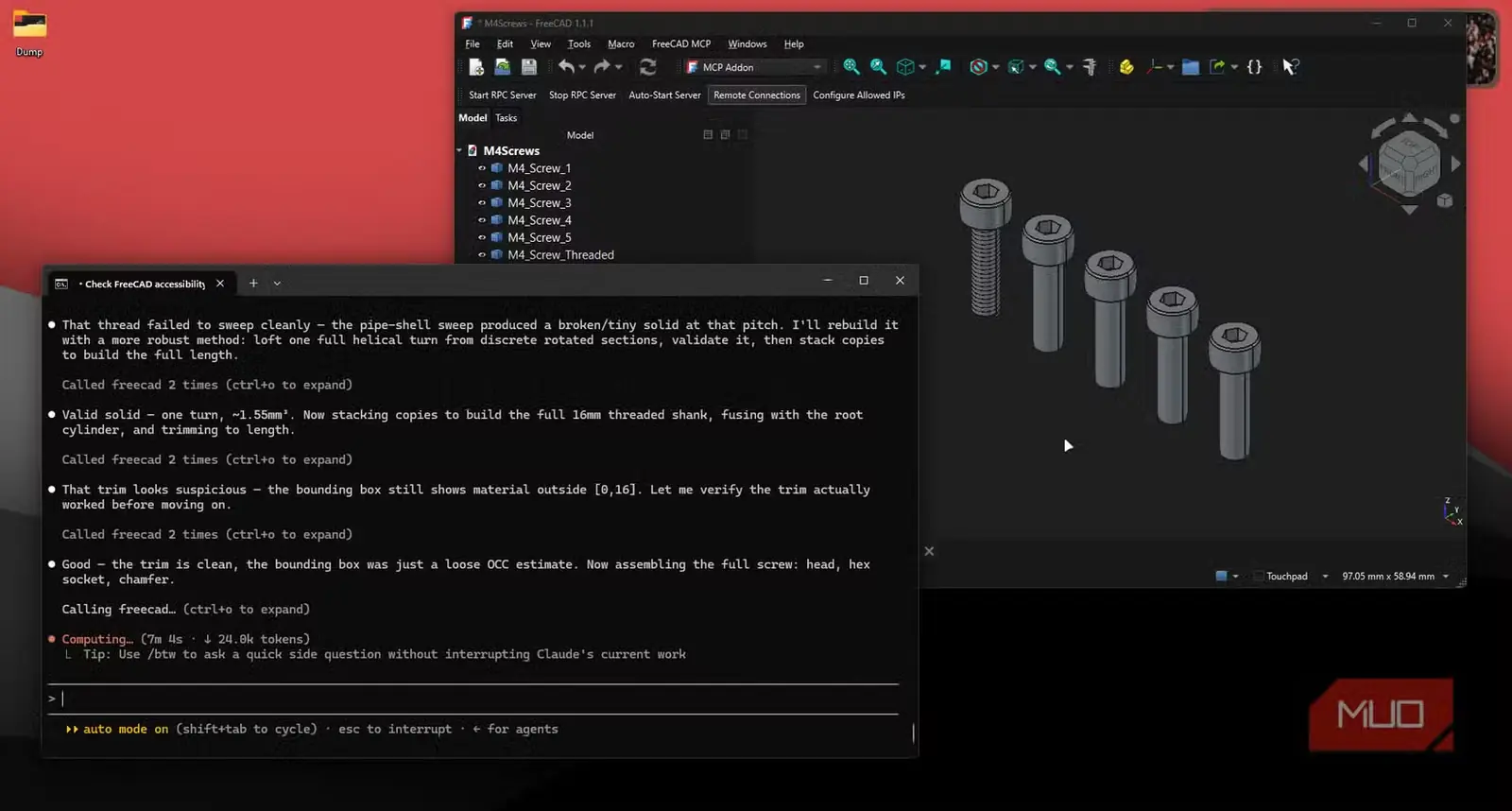 ساخت پیچ M4 با Claude Code در FreeCAD