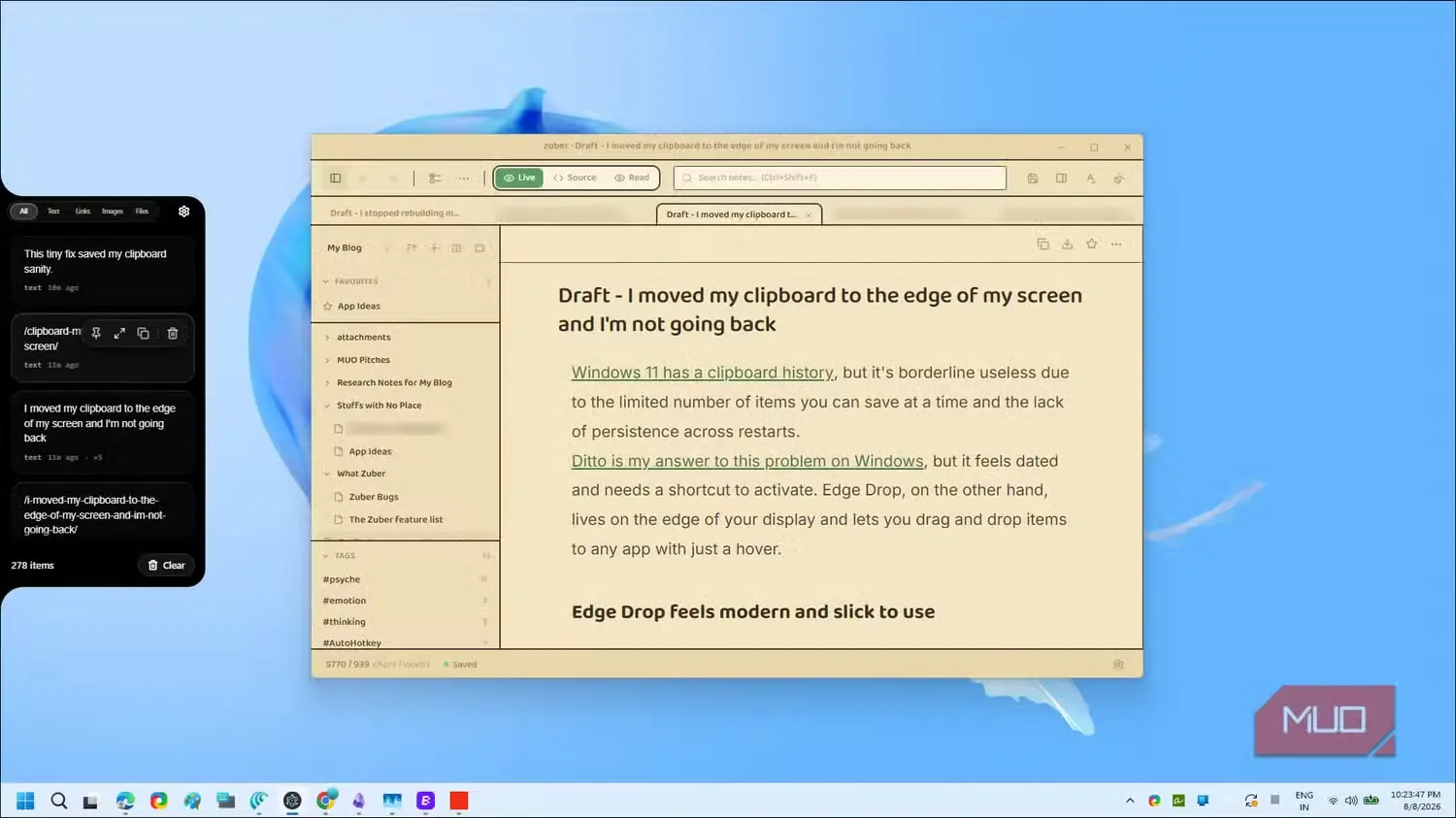رابط مدیر کلیپبورد Edge Drop همراه با پیشنویس مقاله درباره تاریخچهٔ کلیپبورد ویندوز