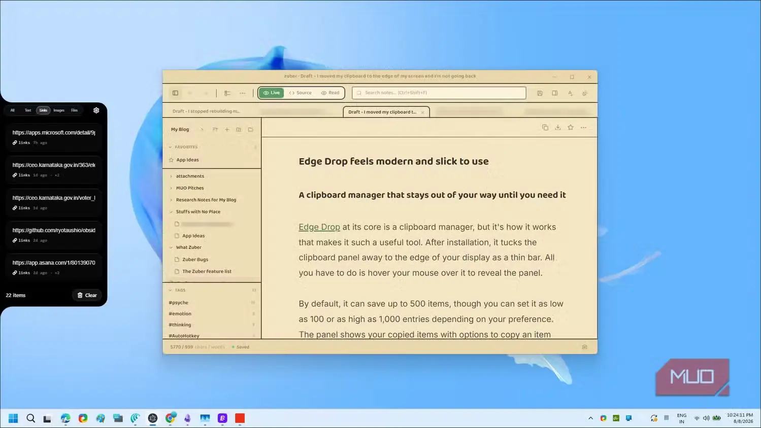 رابط مدیر کلیپبورد Edge Drop با مستندات و پنل تاریخچه