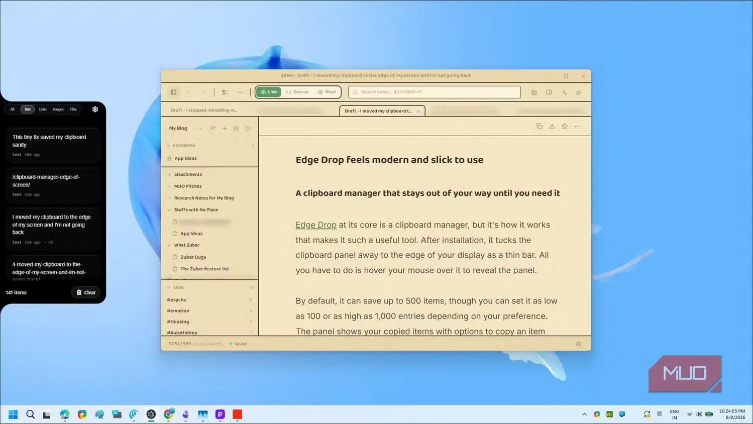 رابط مدیر کلیپبورد Edge Drop با موارد ذخیرهشده و مستندات