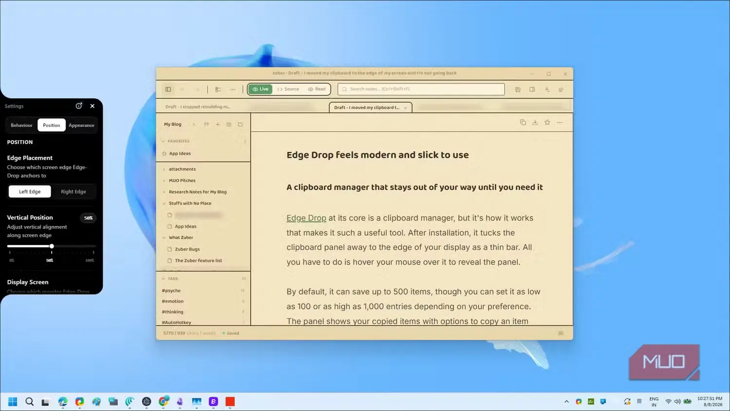 تنظیمات و رابط مستندات مدیر کلیپبورد Edge Drop