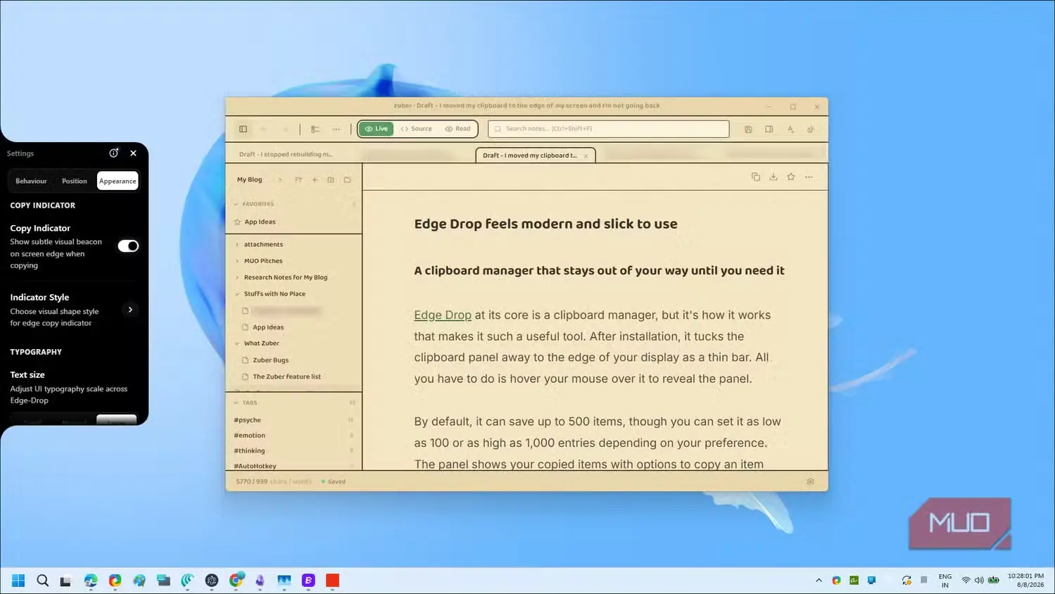 تنظیمات و نمایش رابط مدیر کلیپبورد Edge Drop