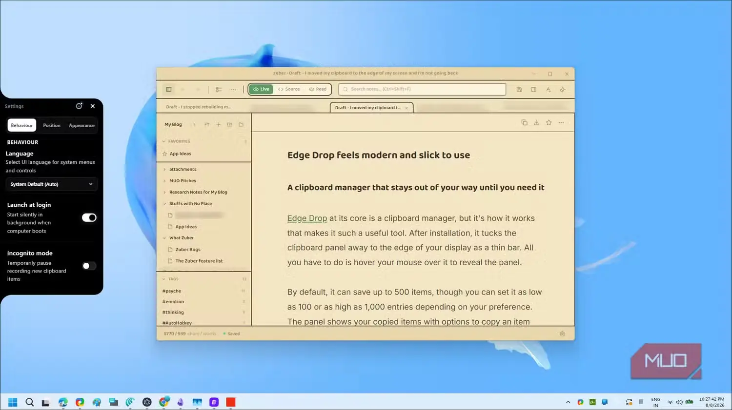 رابط مدیر کلیپبورد Edge Drop با پنل تنظیمات و مستندات