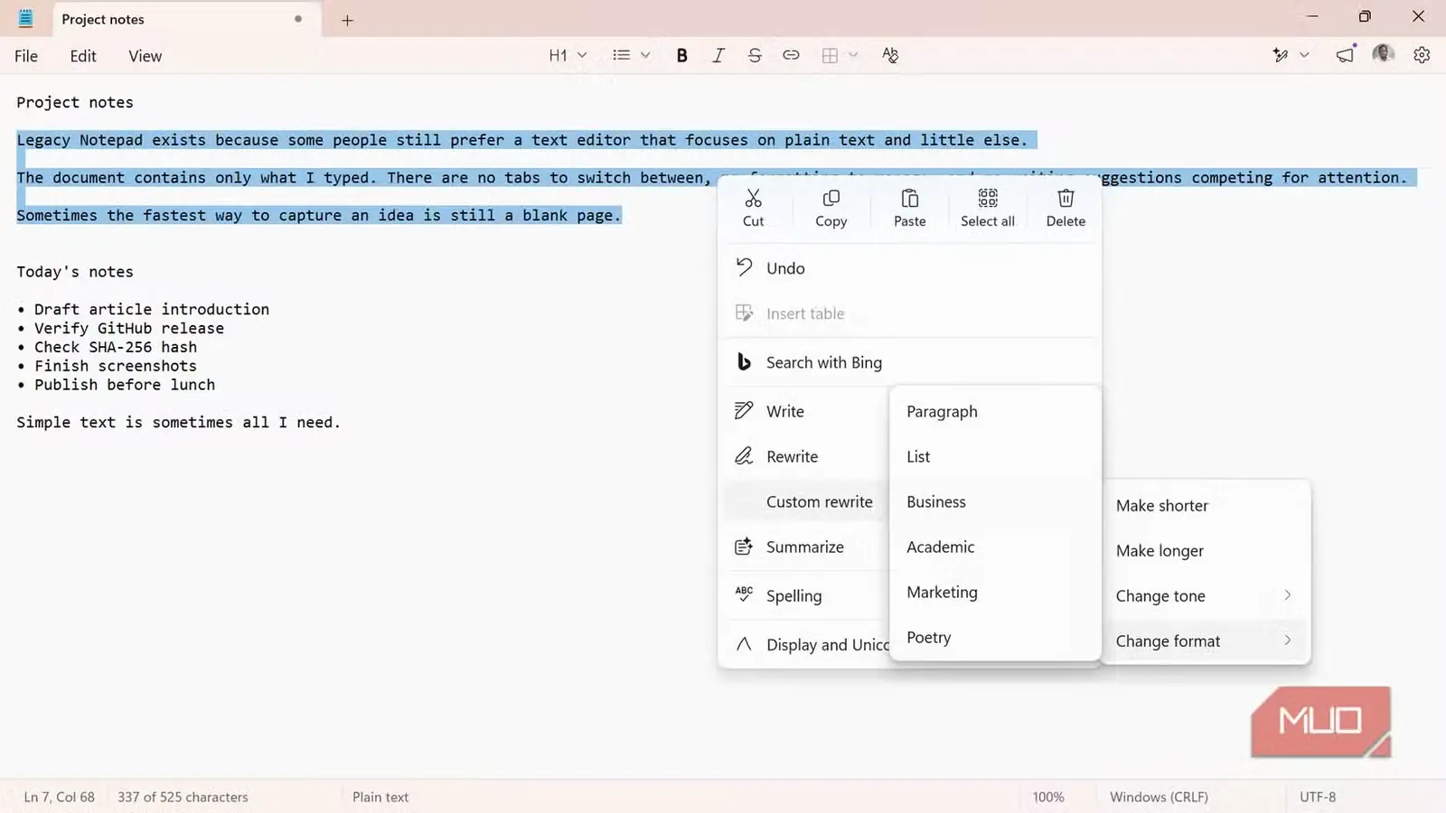 برنامه Notepad ویندوز با منوی زمینه باز شده