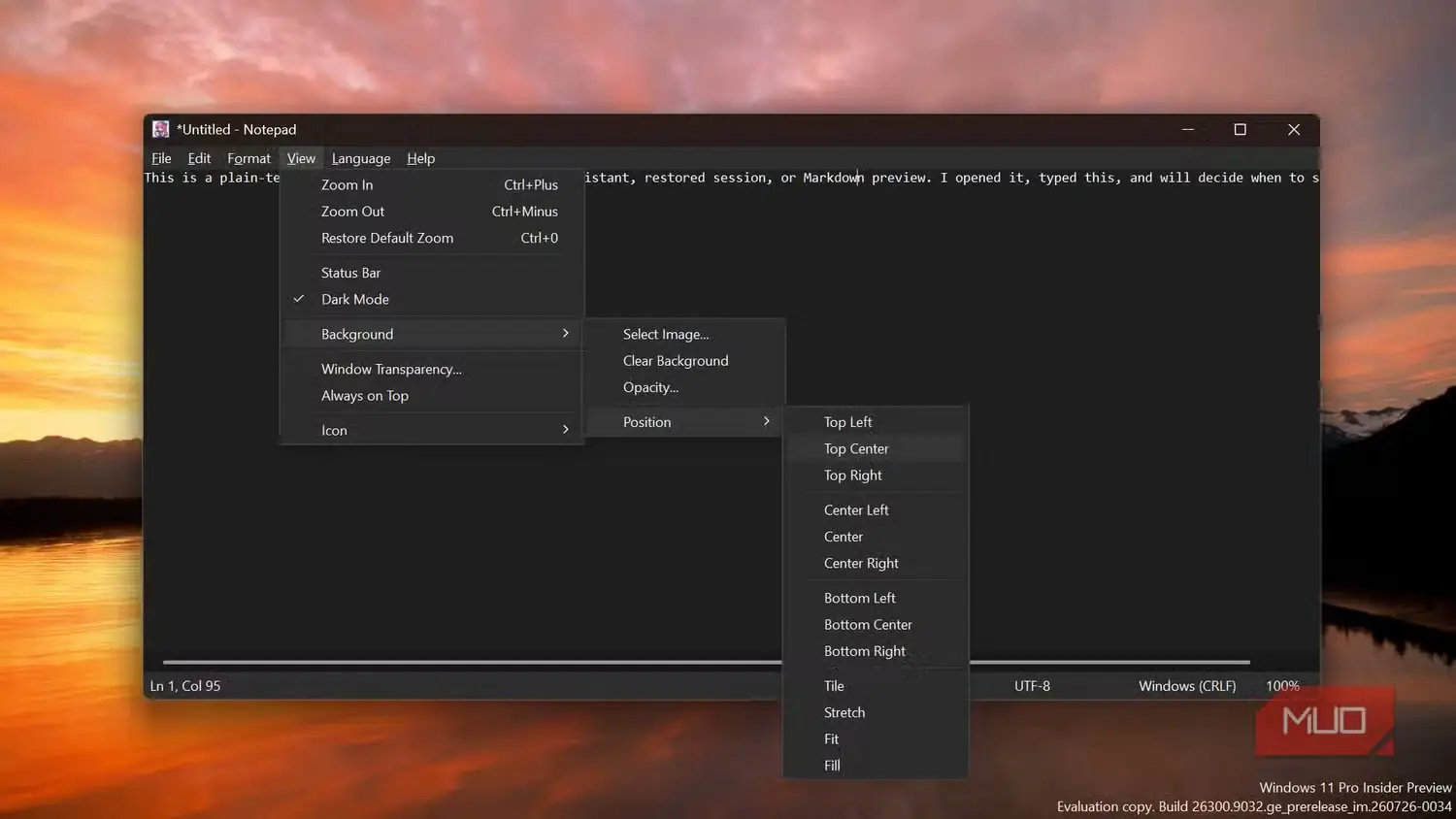 برنامه Notepad_legacy با منوی نمایش باز شده