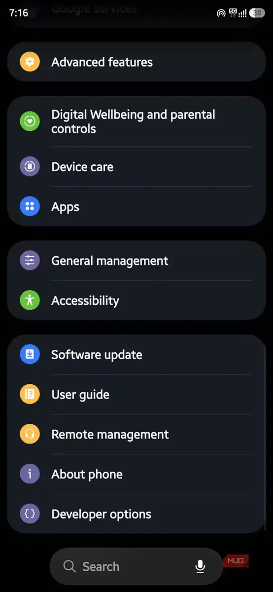 گزینههای Developer options سامسونگ