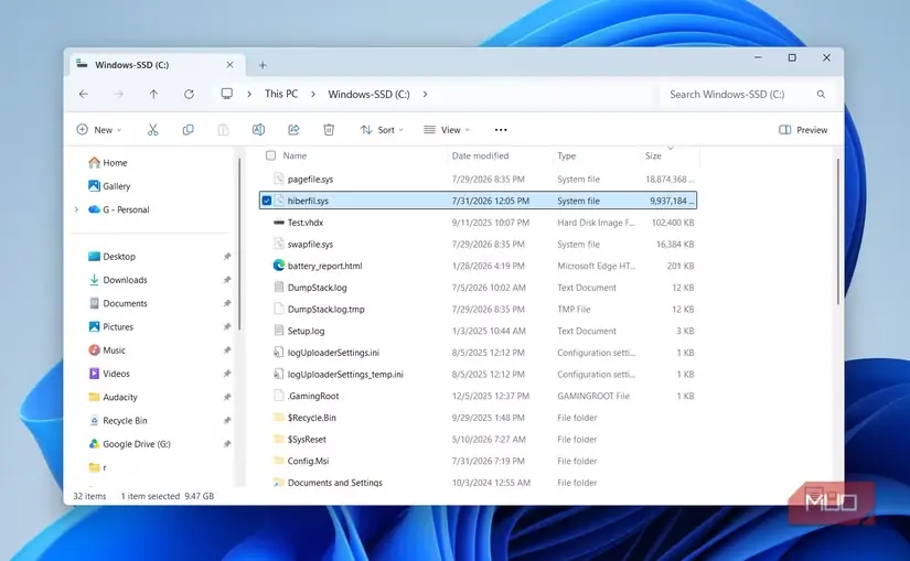 نمایش فایل خواب زمستانی در File Explorer
