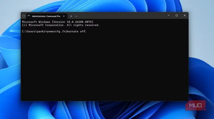 نمایش فرمان غیرفعالسازی خواب زمستانی در Command Prompt