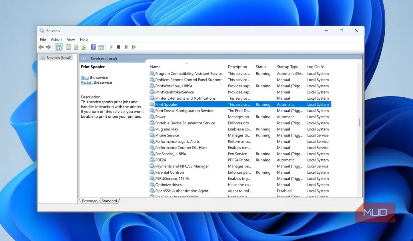 برنامه خدمات Windows روی دسکتاپ