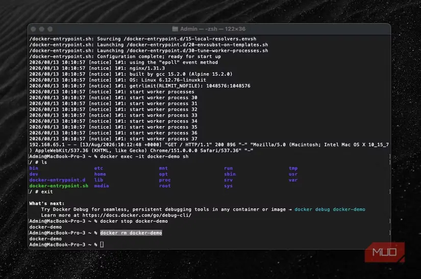 با استفاده از docker rm یک کانتینر را بهصورت دائمی حذف کنید.