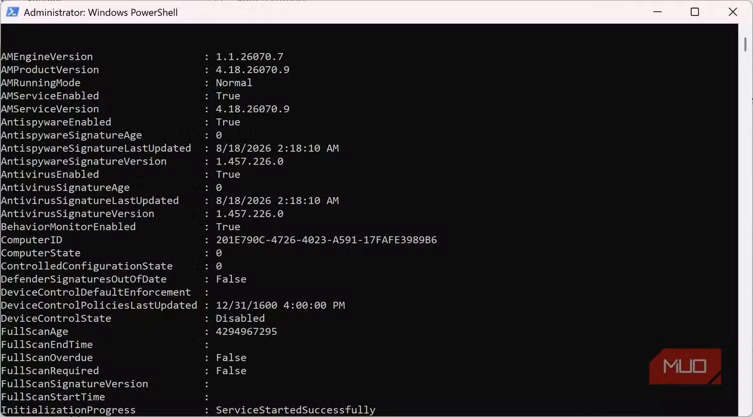 وضعیت AntivirusEnabled برابر true در PowerShell