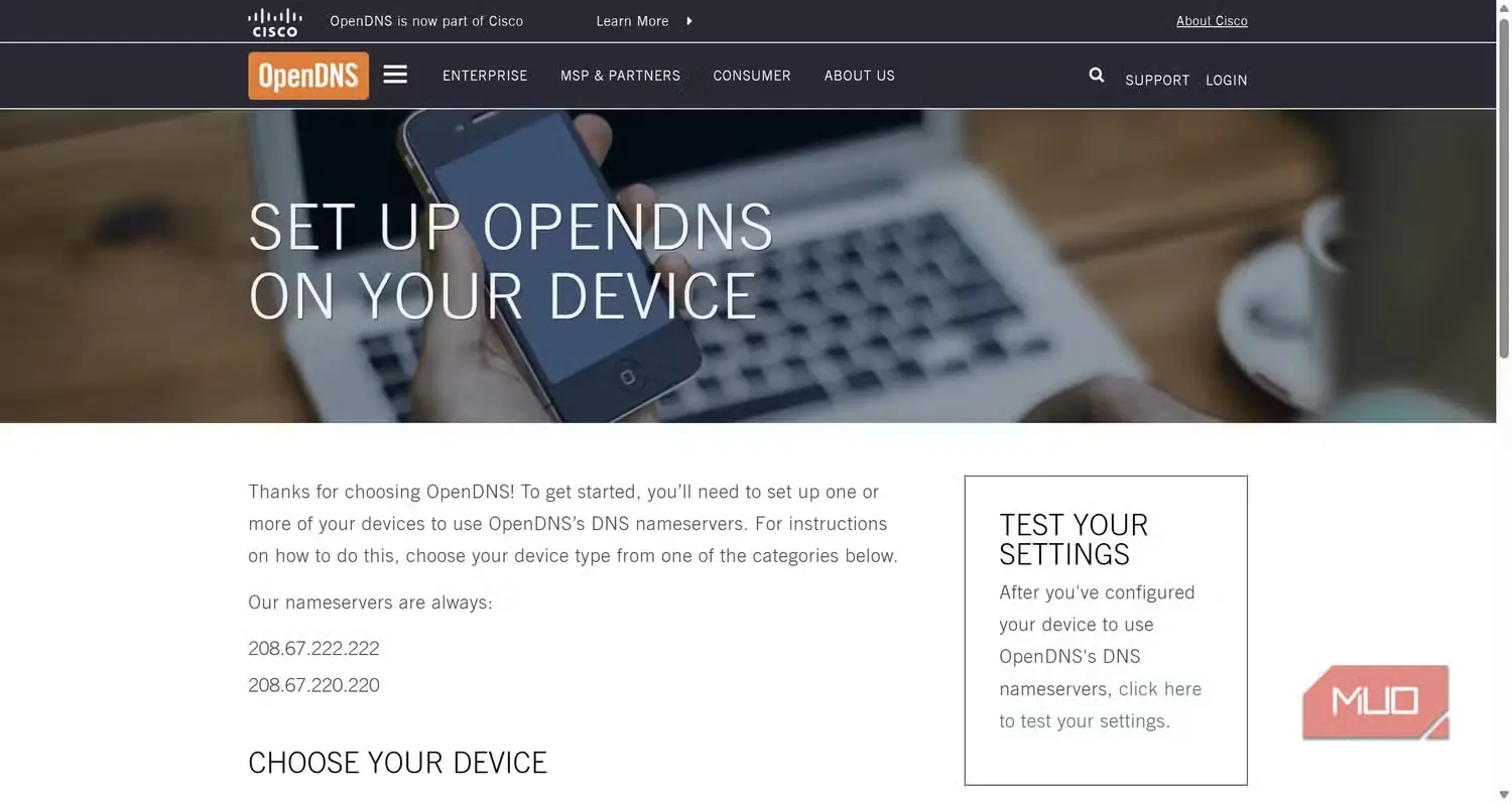 صفحه اصلی OpenDNS Home برای آزمایش پیکربندی شما