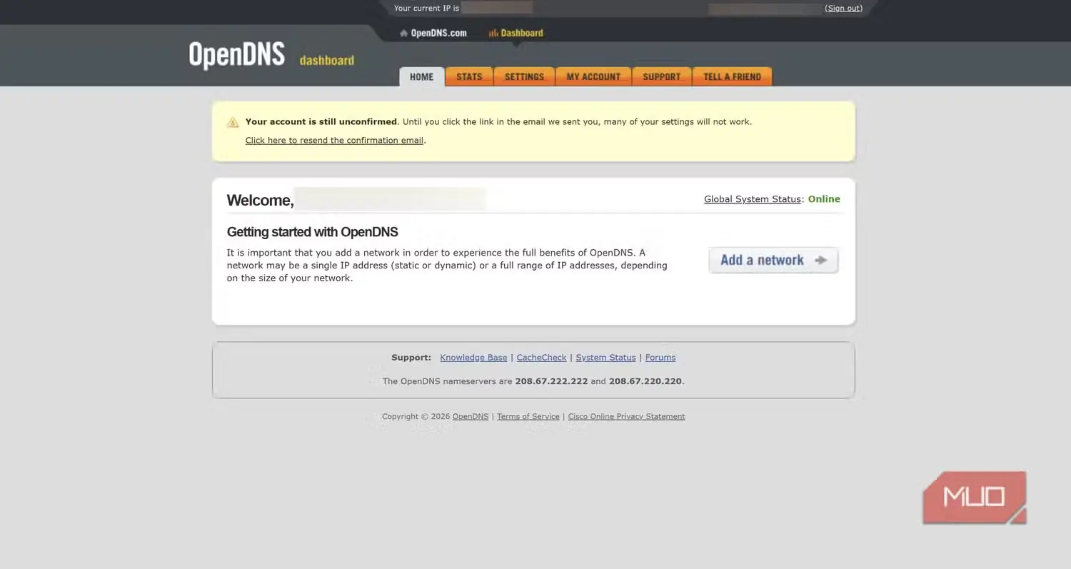 پیشخوان OpenDNS Home با گزینه افزودن شبکه