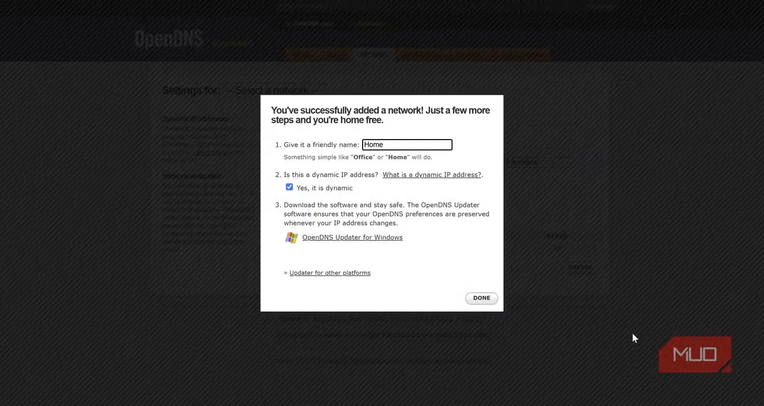 پیشخوان OpenDNS Home و اعلان افزودن شبکه همراه با گزینهها